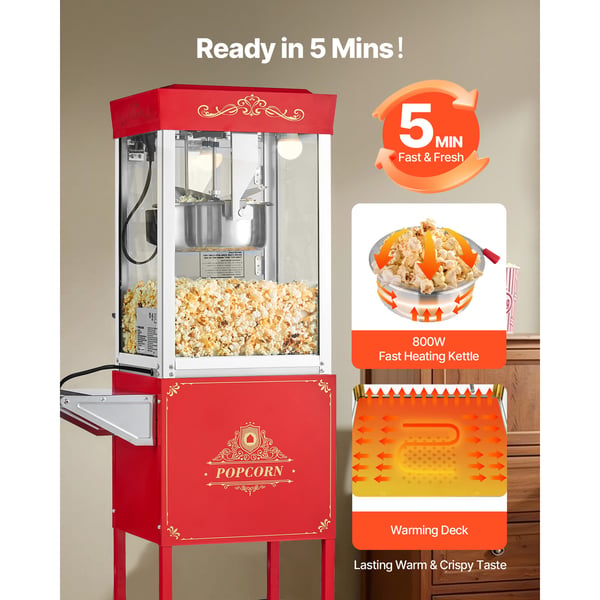 Popcornmaskin med vagn, 0,2 kg rostfri stålkittel, röd, kommersiell