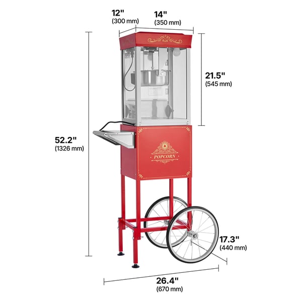 Popcornmaskin med vagn, 0,2 kg rostfri stålkittel, röd, kommersiell