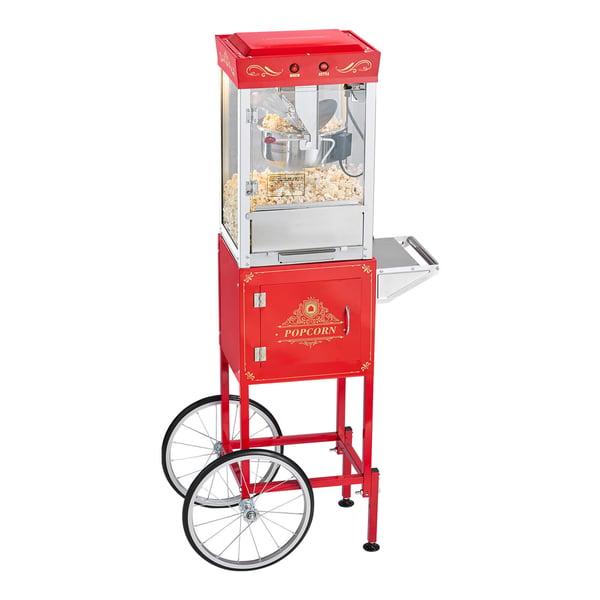 Popcornmaskin med vagn, 0,2 kg rostfri stålkittel, röd, kommersiell