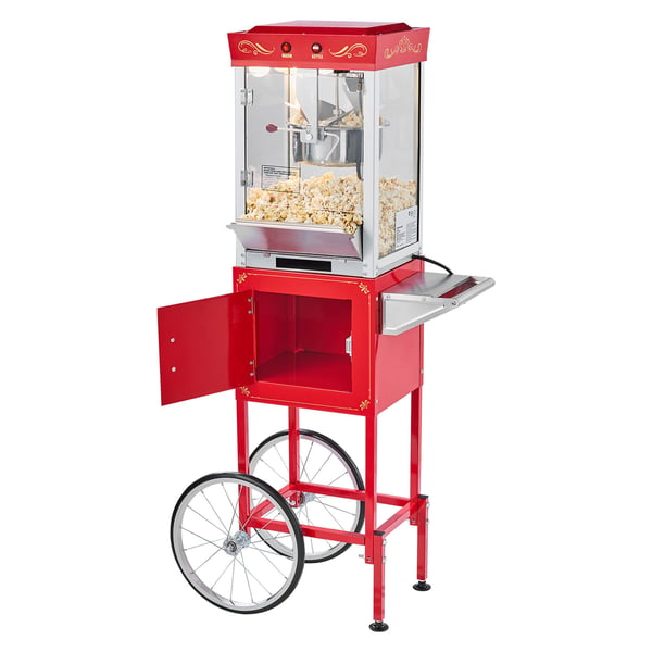 Popcornmaskin med vagn, 0,2 kg rostfri stålkittel, röd, kommersiell