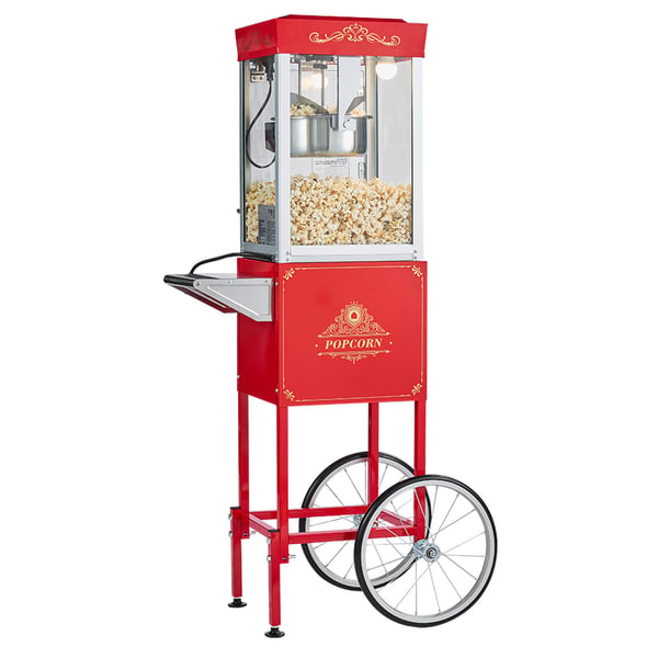 Popcornmaskin med vagn, 0,2 kg rostfri stålkittel, röd, kommersiell