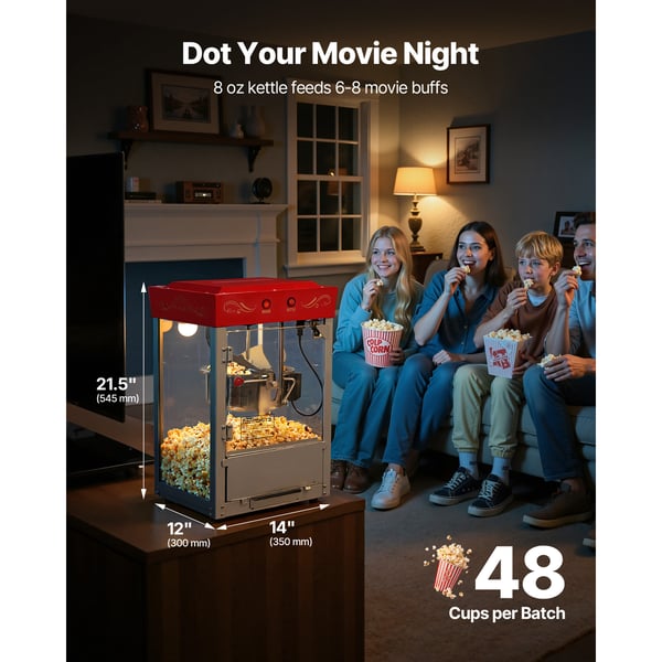 Popcorn-kone, ruostumaton teräskattila, 48 kupillista, punainen
