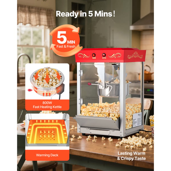 Popcorn-kone, ruostumaton teräskattila, 48 kupillista, punainen
