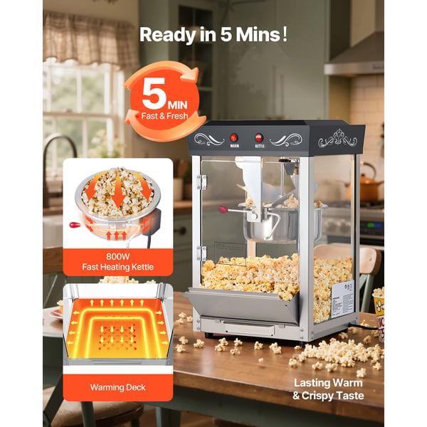 Popcornmaskine 0,2 kg rustfrit stål kedel 800W sort