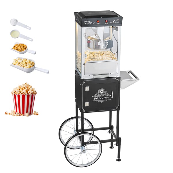 Popcornmaskine med vogn, 0,2 kg rustfrit stålkedel, sort, kommerciel