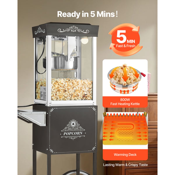 Popcornmaskine med vogn, 0,2 kg rustfrit stålkedel, sort, kommerciel
