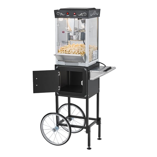 Popcornmaskine med vogn, 0,2 kg rustfrit stålkedel, sort, kommerciel
