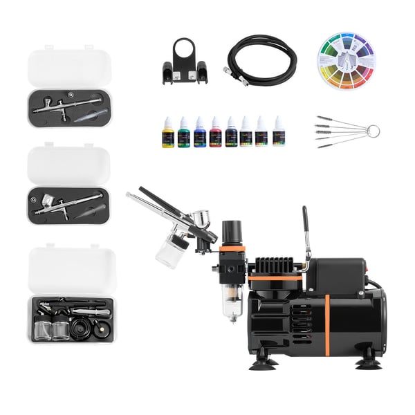 Airbrush-sæt, 3 dual-action airbrushes med kompressor, akrylmaling, lavt støjniveau