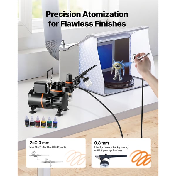 Airbrush-sæt, 3 dual-action airbrushes med kompressor, akrylmaling, lavt støjniveau