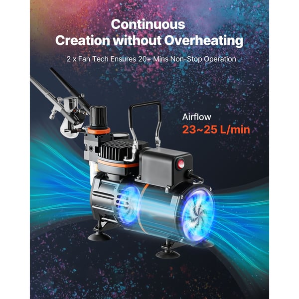 Airbrush-sæt, 3 dual-action airbrushes med kompressor, akrylmaling, lavt støjniveau