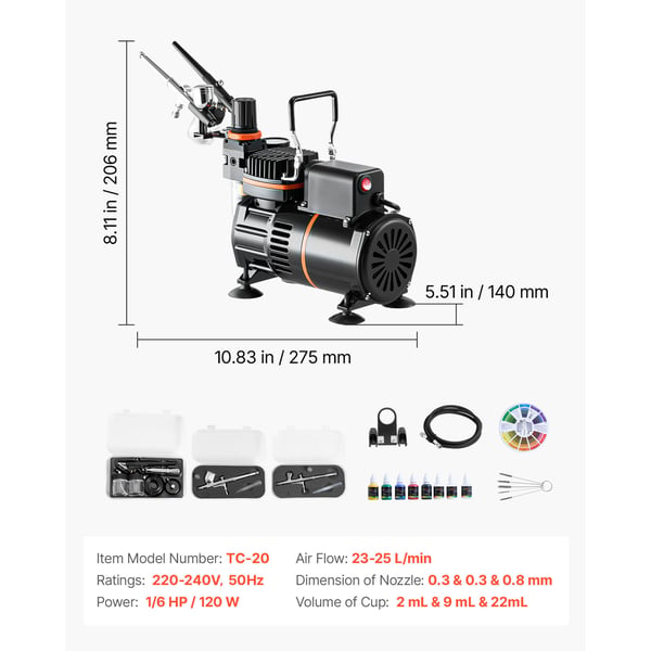 Airbrush-sæt, 3 dual-action airbrushes med kompressor, akrylmaling, lavt støjniveau