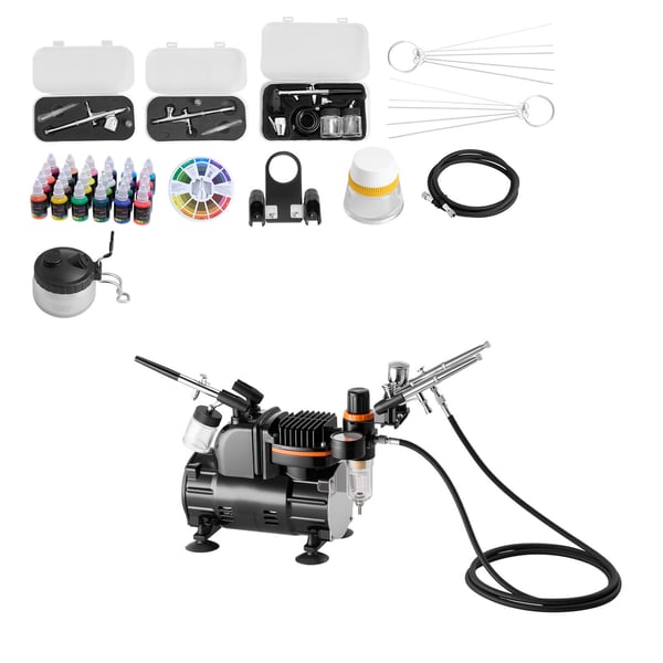 Airbrush-setti, 3 kaksoistoimista airbrushia kompressorilla, akryylimaali, matala melutaso