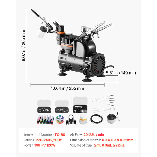 Airbrushset, 3 dubbelverkande airbrushpistoler med kompressor, akrylfärg, låg ljudnivå