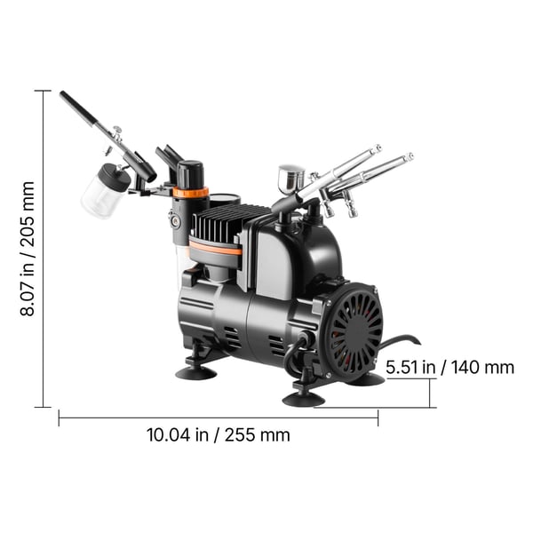 Airbrushset, 3 dubbelverkande airbrushpistoler med kompressor, akrylfärg, låg ljudnivå