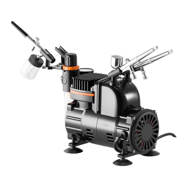 Airbrushset, 3 dubbelverkande airbrushpistoler med kompressor, akrylfärg, låg ljudnivå