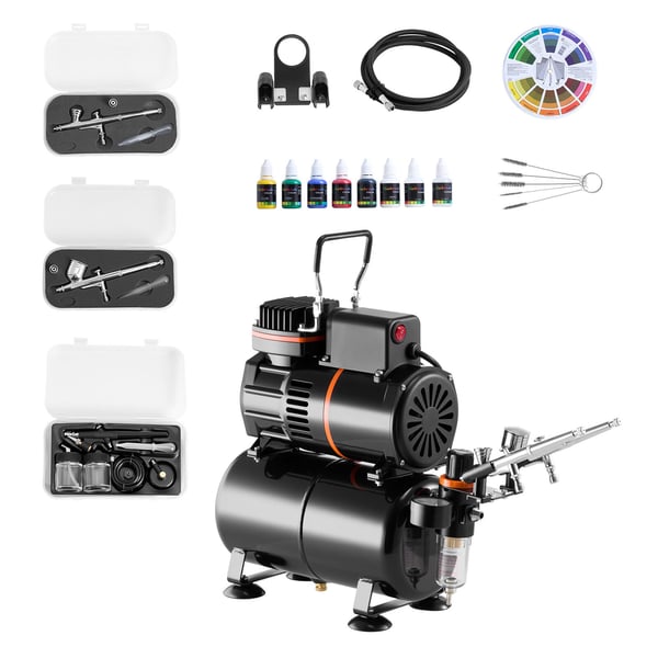 Airbrushset, 1/6 hk med kompressor och tank, 3 dubbelverkande airbrushpistoler, akrylfärg, tårtdekoration och modellmålning