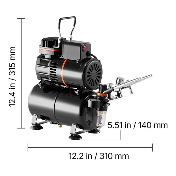 Airbrushset, 1/6 hk med kompressor och tank, 3 dubbelverkande airbrushpistoler, akrylfärg, tårtdekoration och modellmålning