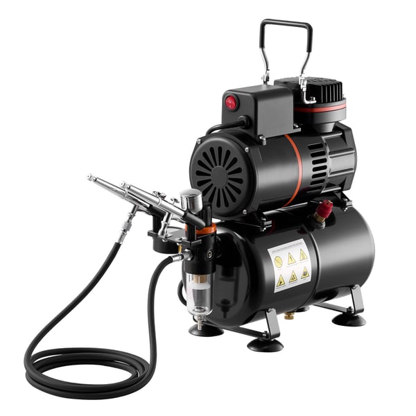 Airbrushset, 1/6 hk med kompressor och tank, 3 dubbelverkande airbrushpistoler, akrylfärg, tårtdekoration och modellmålning