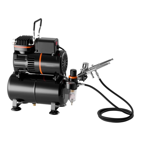 Airbrushset, 1/6 hk med kompressor och tank, 3 dubbelverkande airbrushpistoler, akrylfärg, tårtdekoration och modellmålning
