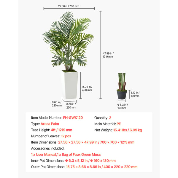 Konstgjord Areca-palm, 121,9 cm, 2-pack, vit kruka, inomhus utomhus