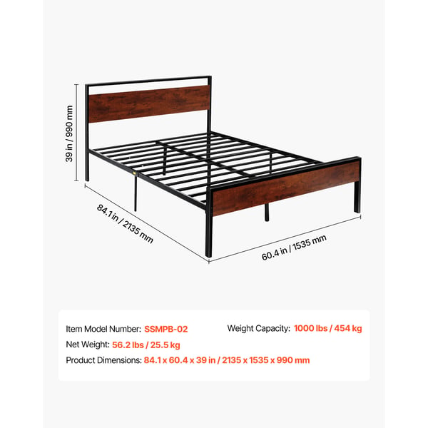 Sängram, Queen size, 213.5x153.5x99 cm, Svart, Metall, Förvaring