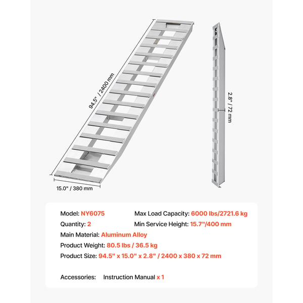 Lastset för påkörningsramp, 2400x380x72 mm, aluminium, extra robust, halkskydd