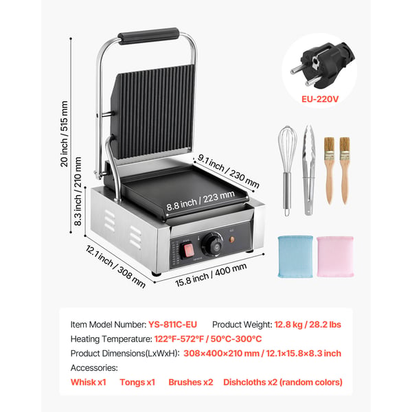 Paninigrill, 22x23 cm, rustfrit stål, elektrisk sandwichmaskine