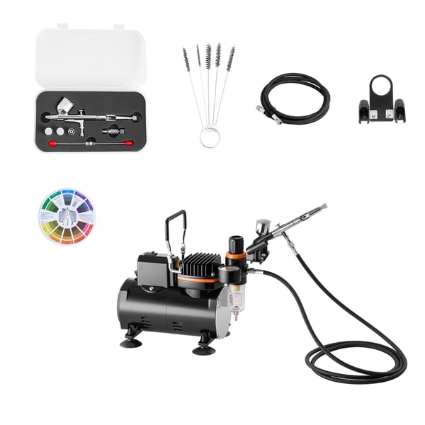 Airbrush-setti, kaksoistoiminen airbrush kompressorilla, 1/6 HP, hiljainen käynti