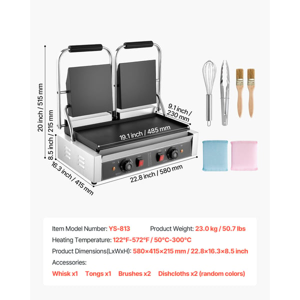 Paninigrill, Elektrisk sandwichmaskine, 48x23 cm, Rustfrit stål
