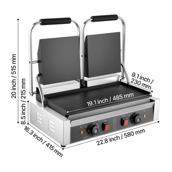 Paninigrill, Elektrisk sandwichmaskine, 48x23 cm, Rustfrit stål