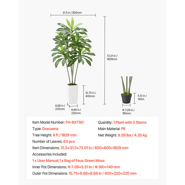 Konstgjord Dracaena-träd, 80x80x182,4 cm, Vit, Inomhus Utomhus Dekor