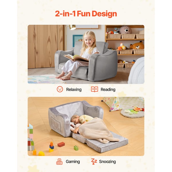 Børnesofa, Foldbar Konvertibel Børnesofa, 60x44,5x40,5 cm, Grå, Blødt Stof