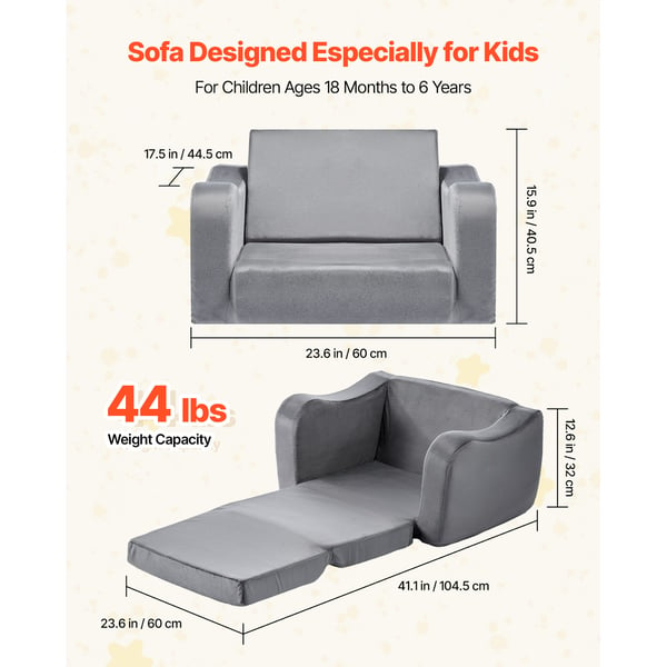 Børnesofa, Foldbar Konvertibel Børnesofa, 60x44,5x40,5 cm, Grå, Blødt Stof