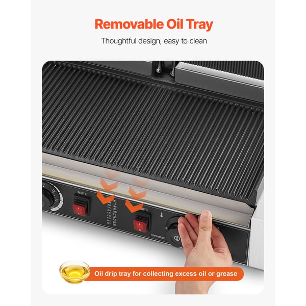 Panini Grill, Elektrisk Sandwichmaskine, 48x23 cm, Rustfrit Stål