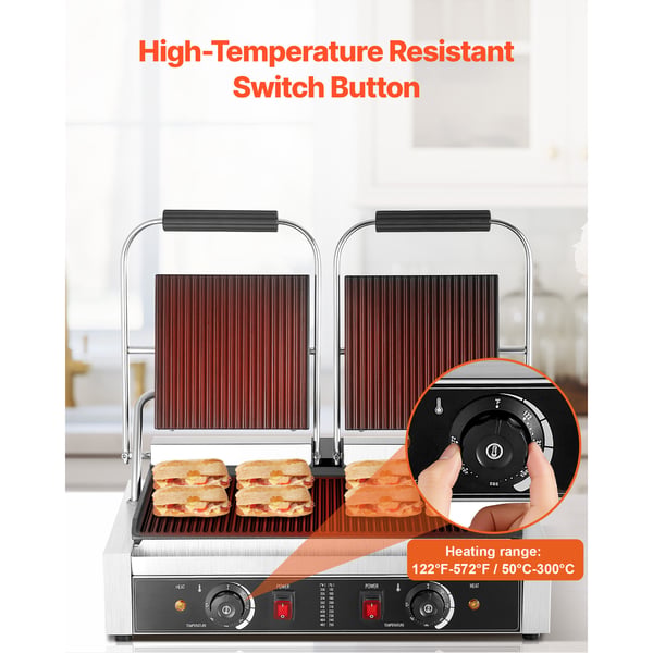 Panini Grill, Elektrisk Sandwichmaskine, 48x23 cm, Rustfrit Stål