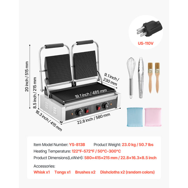 Panini Grill, Elektrisk Sandwichmaskine, 48x23 cm, Rustfrit Stål