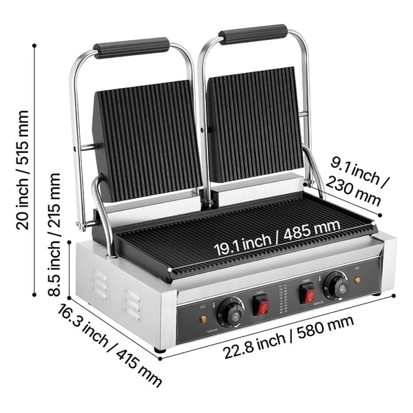 Panini Grill, Elektrisk Sandwichmaskine, 48x23 cm, Rustfrit Stål