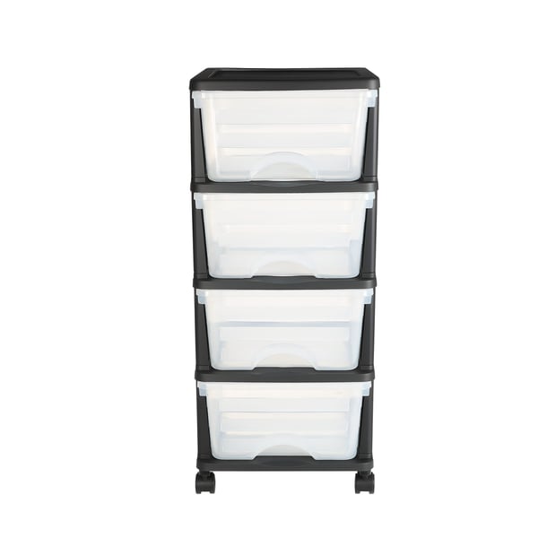 Opbevaringsvogn med skuffer, 4 skuffer, 33,5x44x79 cm, klar, plast