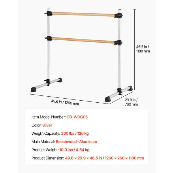 Balletbarre, dobbelt bøgetræ, 126x76x118 cm, sølv, justerbart fitnessudstyr