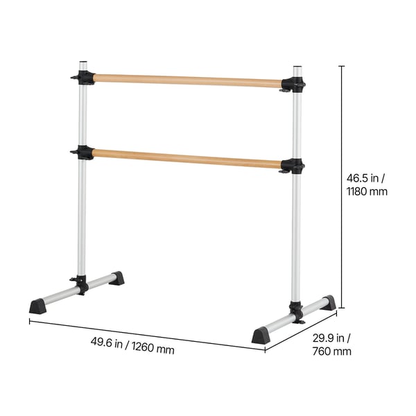 Balletbarre, dobbelt bøgetræ, 126x76x118 cm, sølv, justerbart fitnessudstyr