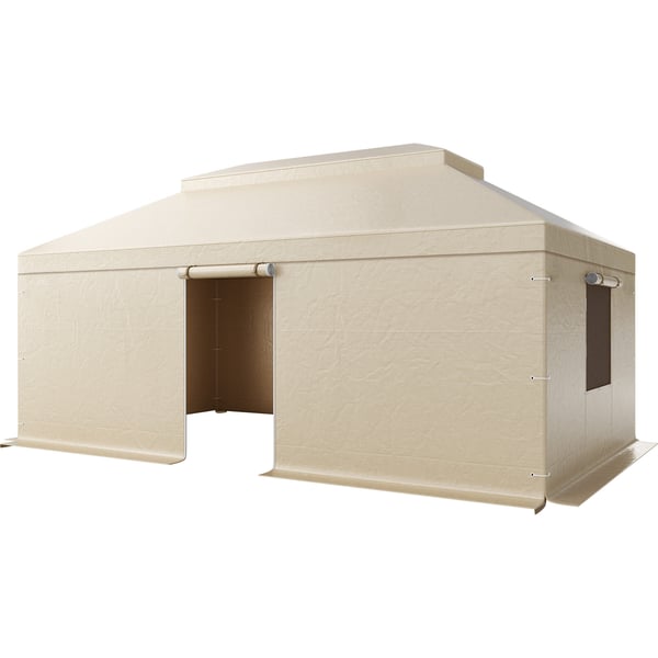 Paviljongtak, dubbeltak med sidoväggar och nätfönster, 366x610 cm, beige, PE-material