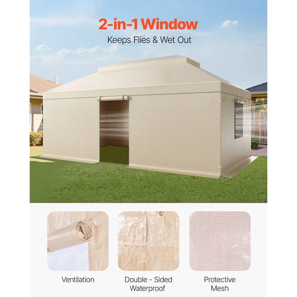 Paviljongtak, dubbeltak med sidoväggar och nätfönster, 366x610 cm, beige, PE-material
