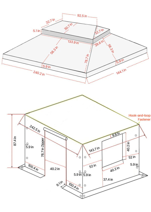 Paviljongtak, dubbeltak med sidoväggar och nätfönster, 366x610 cm, beige, PE-material