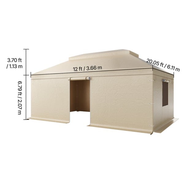 Paviljongtak, dubbeltak med sidoväggar och nätfönster, 366x610 cm, beige, PE-material
