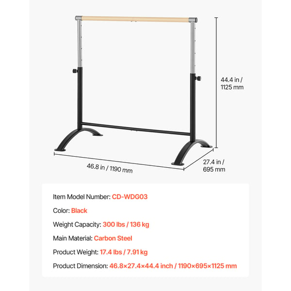 Balletbarre, 119x69.5x112.5 cm, Sort, Justerbart stål