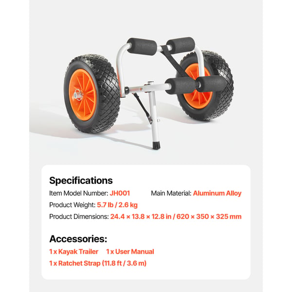 Kajakvogn, Sammenklappelig Trolley 62x35x32,5 cm, 25,4 cm hjul, Aluminium