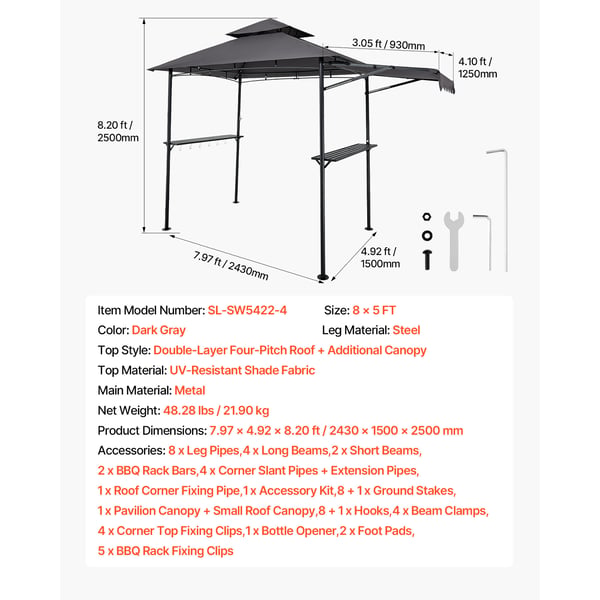 Grillpavillon, 243x150 cm, Mørkegrå, Stål