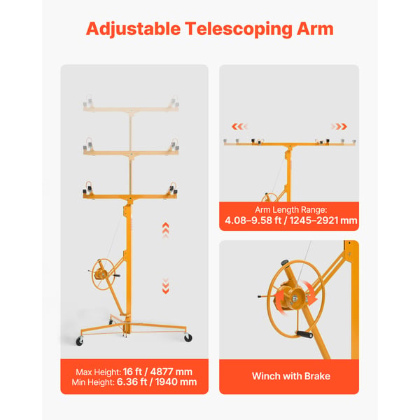 Gipspladeløfter 4877 mm Heavy-Duty 68 kg Justerbar teleskoparm Gul