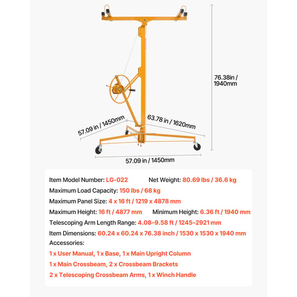 Gipspladeløfter 4877 mm Heavy-Duty 68 kg Justerbar teleskoparm Gul