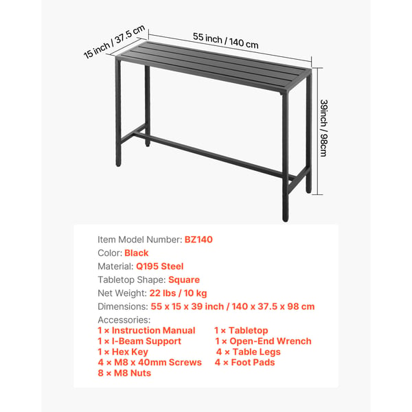 Barbord, 140x37,5x98 cm, Svart, Metall, Utomhusmöbler